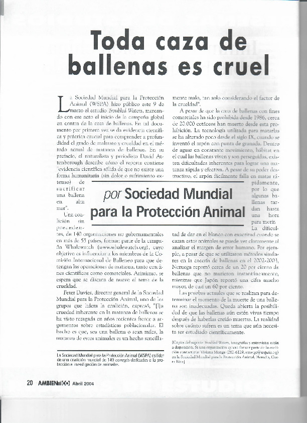 Sociedad Mundial para la Protección Animal – Revista Ambientico